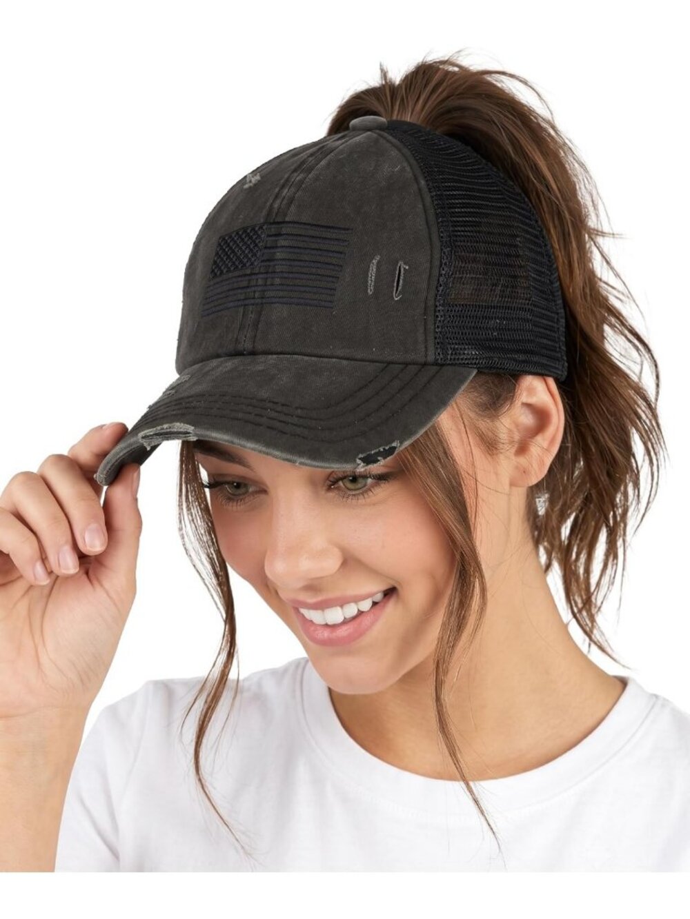 Trendy Criss Cross Ponytail Cap | Distressed Baseball Hat for Messy Bun Style
